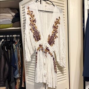 Free People White Floral Embroidered Kimono